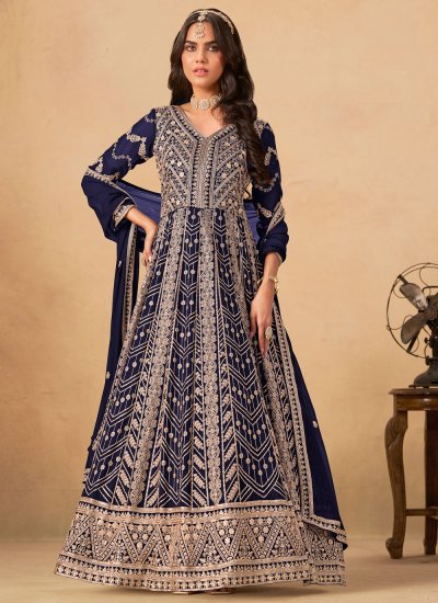 Lavish Faux Georgette Navy Blue Embroidered Anarkali Salwar Kameez