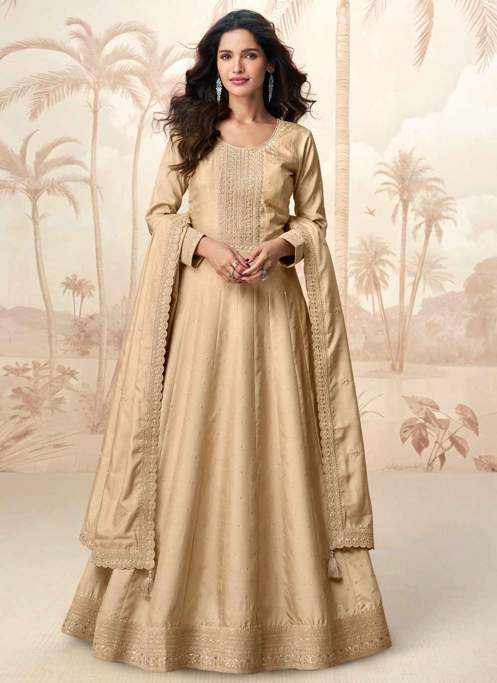 Lavish Silk Embroidered Beige Readymade Trendy Gown -