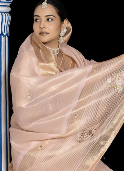Linen Khatli Work Contemporary Saree in Pink