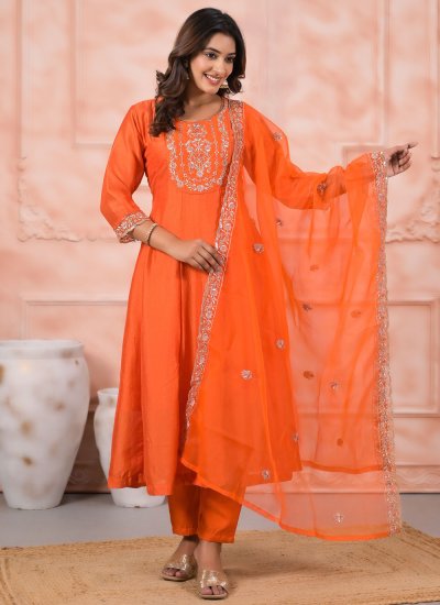 Magnetize Silk Orange Embroidered Salwar Kameez