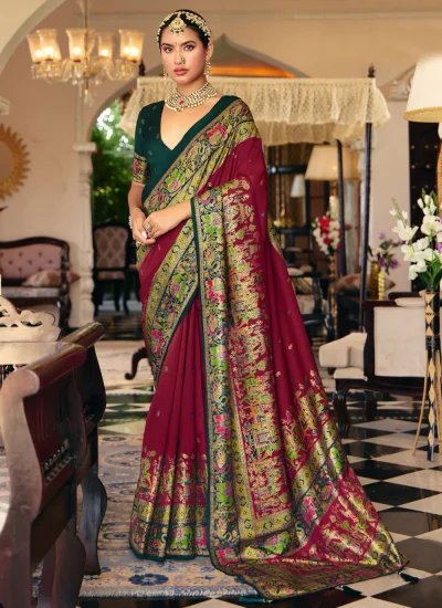 Maroon Print Silk Traditional Saree
