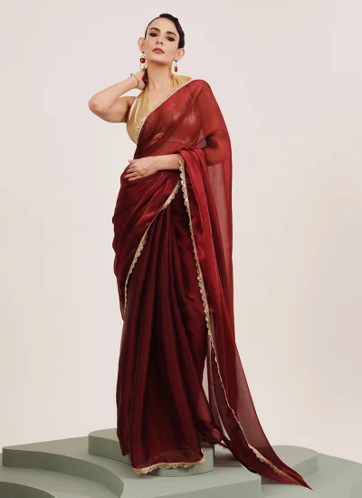
                            Maroon Sequins Organza Contemporary Saree
