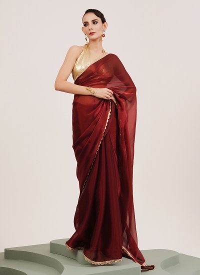 Maroon Sequins Organza Contemporary Saree
