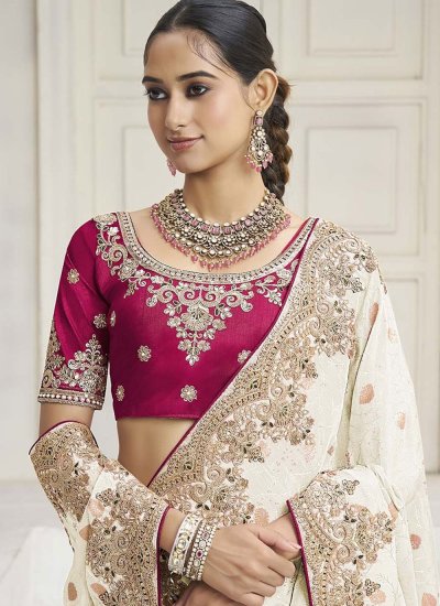
                            Masterly Embroidered Cream Tissue Traditional Saree