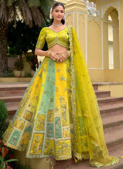 Mirror Silk Designer Lehenga Choli in Green