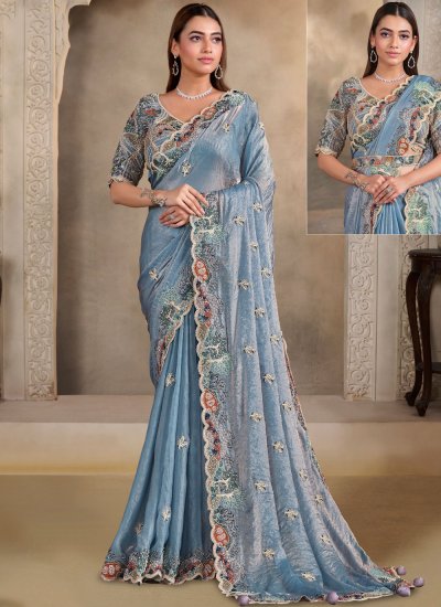 Modish Satin Silk Aqua Blue Contemporary Saree