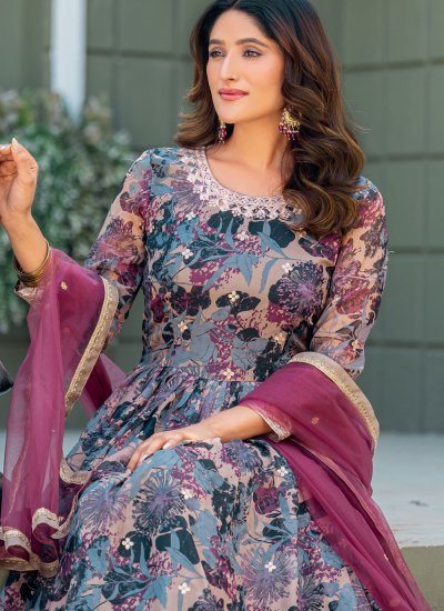 Multi Colour Print Silk Floor Length Gown
