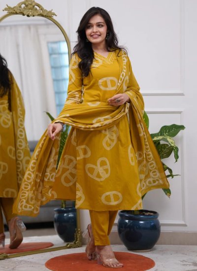 Mustard Chanderi Printed Salwar Kameez
