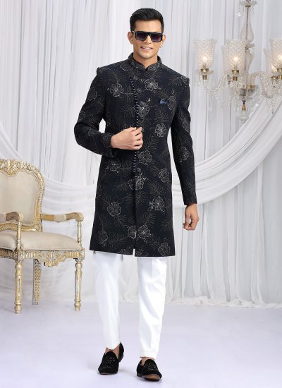 
                            Navy Blue Art Silk Indo Western Sherwani