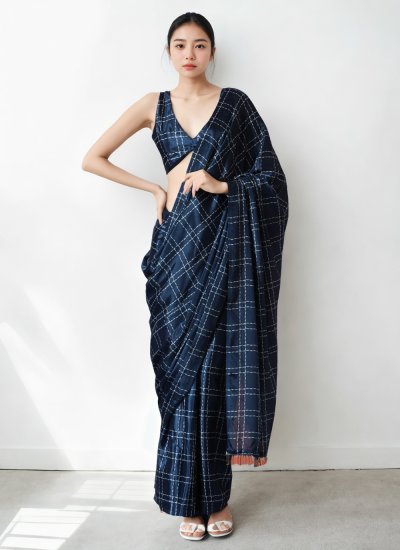 Navy Blue Digital Print Chinon Classic Saree