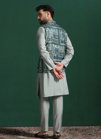 Nehru Jackets Print Blended Cotton in Rama