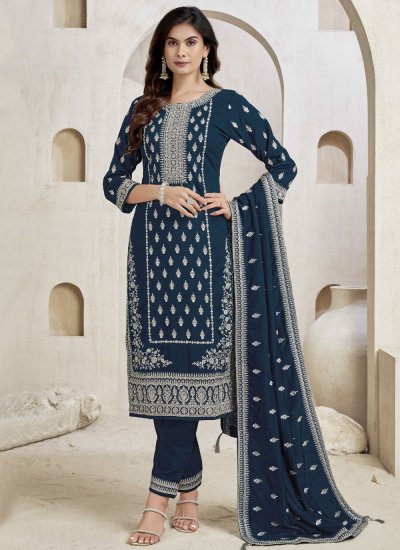 Noble Silk Navy Blue Embroidered Trendy Salwar Kameez