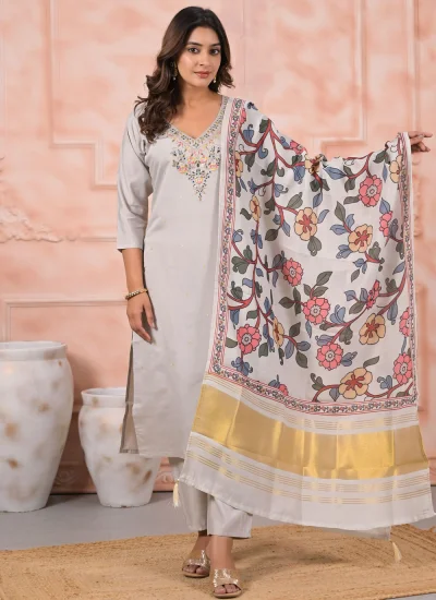 Off White Viscose Embroidered Pant Style Suit