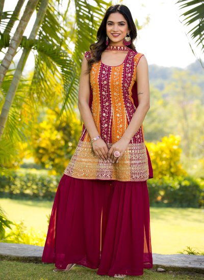 Orange and Rani Sequins Faux Georgette Palazzo Salwar Kameez