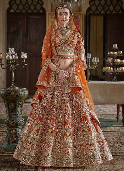 Orange Ceremonial Silk A Line Lehenga Choli