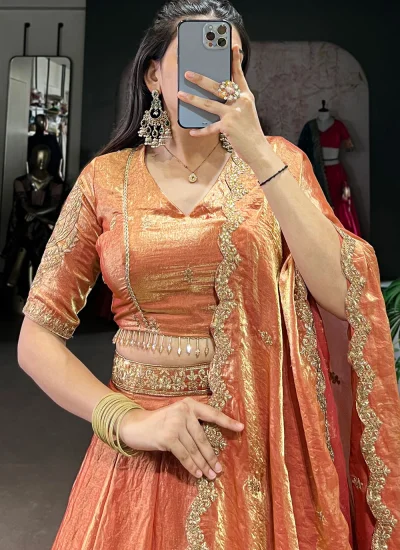 
                            Orange Plain Designer Long Lehenga Choli