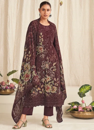 Pakistani Salwar Kameez Embroidered Georgette in Brown