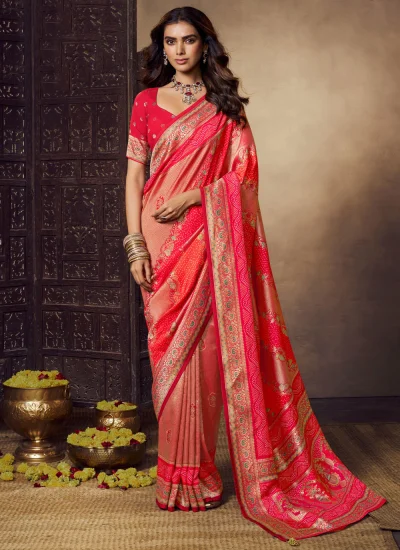Peach and Red Weaving Trendy Saree