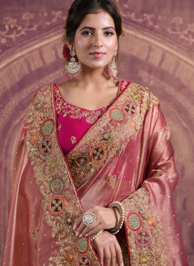 
                            Peach Khatli Work Organza Classic Saree