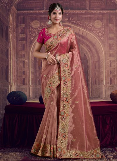 Peach Khatli Work Organza Classic Saree