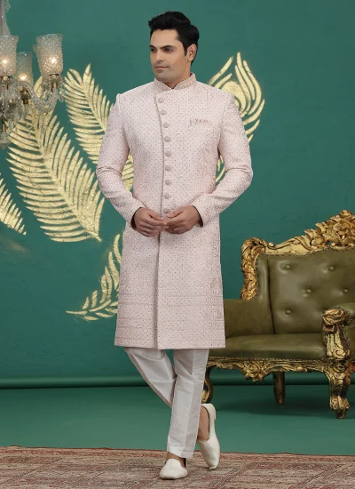 
                            Peach Machine Embroidery  Sherwani