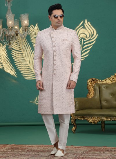Peach Machine Embroidery  Sherwani
