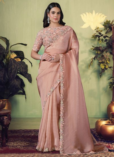 Peach Wedding Tissue Classic Saree
