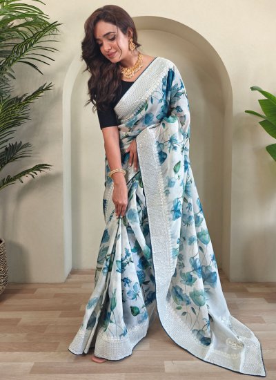 
                            Picturesque Floral Print Organza White Contemporary Saree