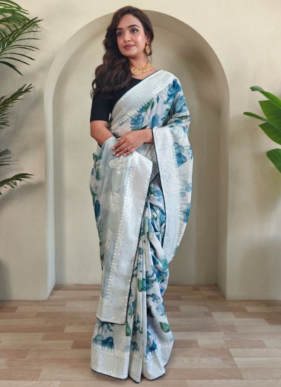 Picturesque Floral Print Organza White Contemporary Saree