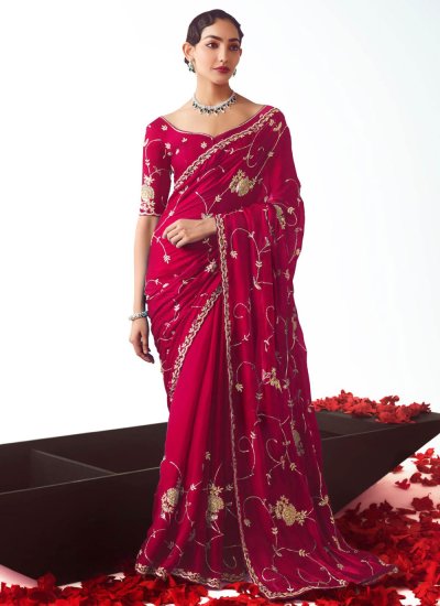 Pink Embroidered Fancy Fabric Contemporary Saree