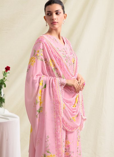 
                            Pink Embroidered Muslin Salwar Kameez
