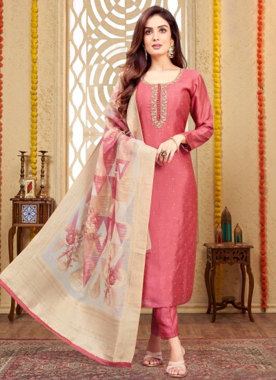 Pink Silk Embroidered Readymade Salwar Kameez