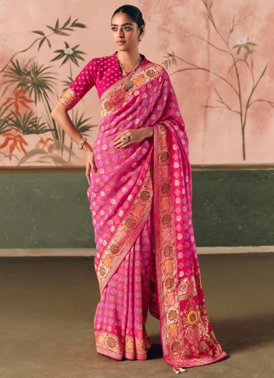 Pink Weaving Pure Georgette Classic Saree