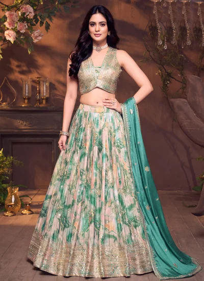 Precious Digital Print Green Silk Designer Lehenga Choli