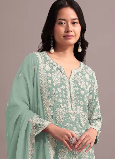 Pretty Faux Georgette Sea Green Salwar Kameez