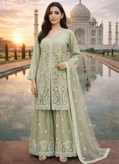 Pretty Net Green Embroidered Palazzo Salwar Kameez