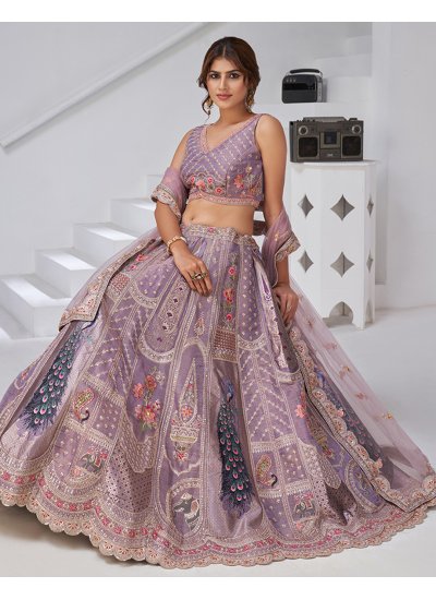 Purple Banarasi Silk Wedding A Line Lehenga Choli 
                            Purple Banarasi Silk Wedding A Line Lehenga Choli