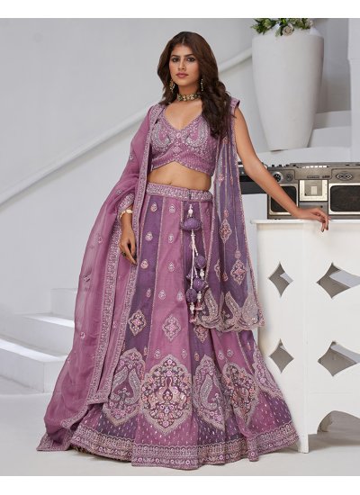 Purple Georgette Embroidered A Line Lehenga Choli