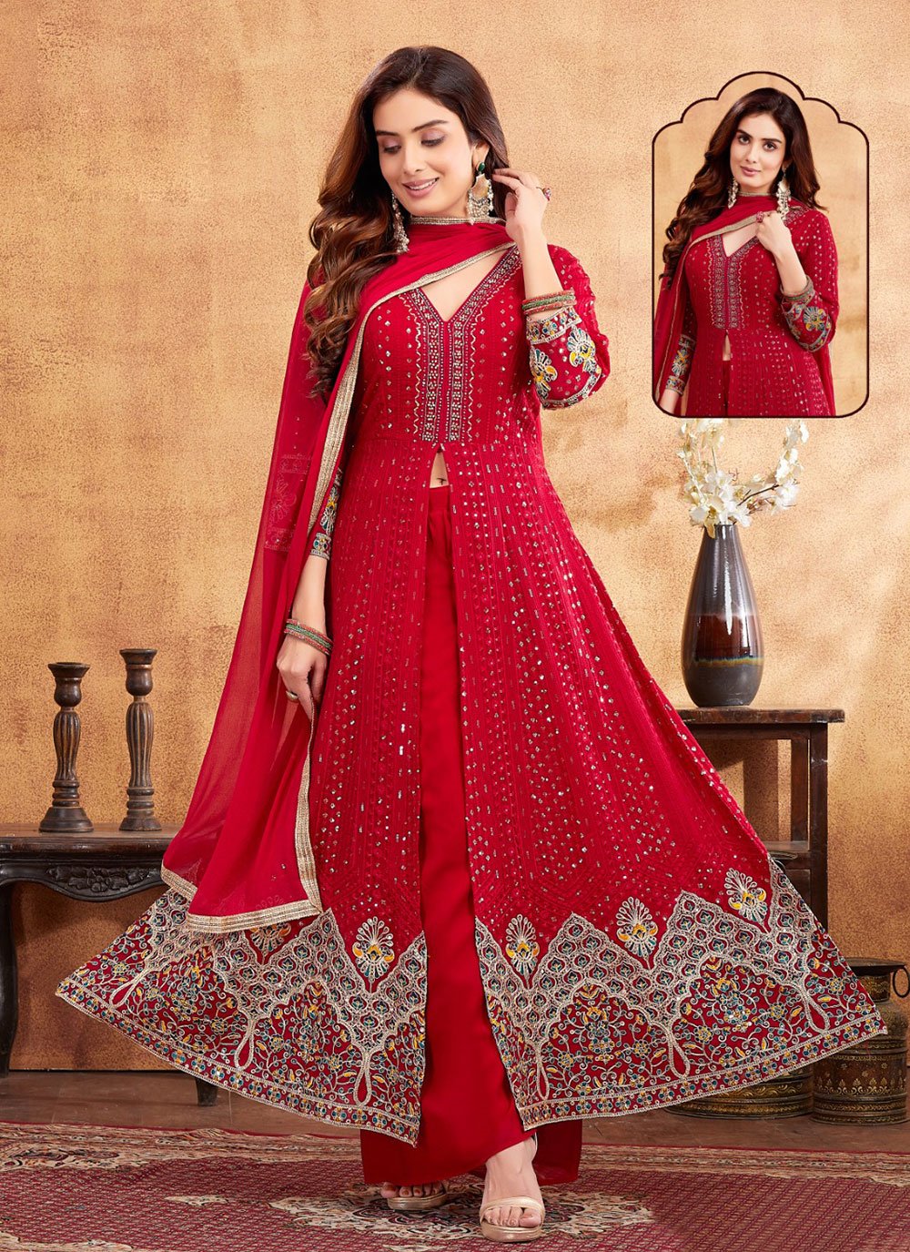 red plazo dress STYLISHFASHION Women's Wear Designer Swen Indian Shalwar Kameez Suits Pakistani Palazzo Dress ( Red, 3XL