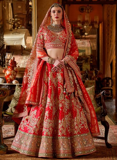 slim fit dress slacks Red Golden Embroidered Embellished Bridal Lehenga Choli With Red Dupatta 34 main image 0