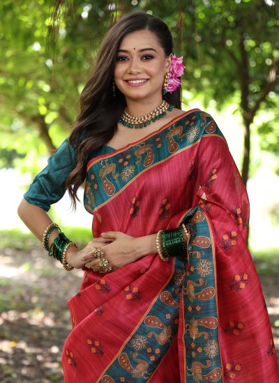 
                            Red Tussar Silk Printed Contemporary Saree