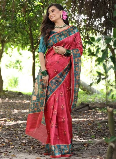 Red Tussar Silk Printed Contemporary Saree