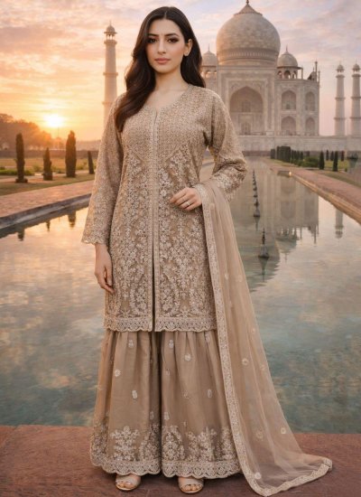 Regal Brown Embroidered Net Palazzo Salwar Suit