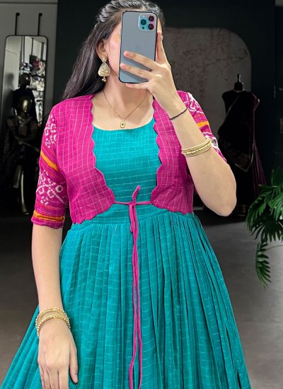 Riveting Weaving Firozi Readymade Trendy Gown 