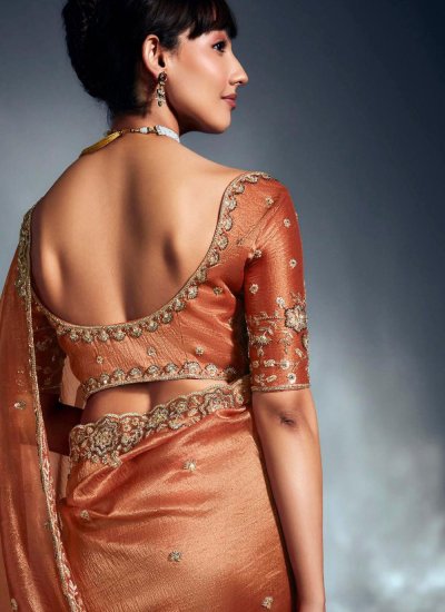Rust Khatli Work Fancy Fabric Classic Saree