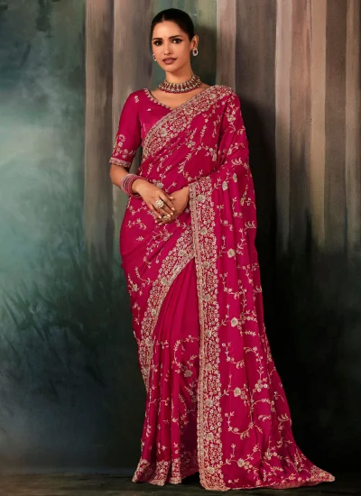 Satin Pink Embroidered Traditional Saree