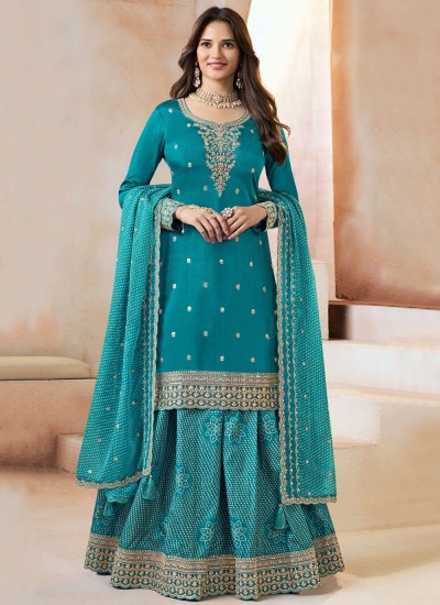 Sea Green Embroidered Silk Trendy Lehenga Choli