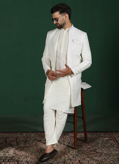 Sherwani Embroidered Blended Cotton in White 
                            Sherwani Embroidered Blended Cotton in White
