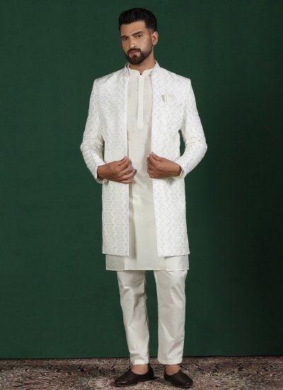 Sherwani Embroidered Blended Cotton in White