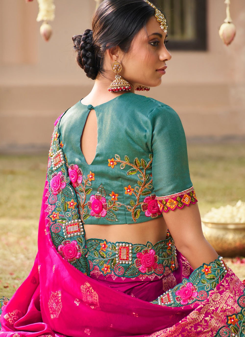 Silk Contemporary Saree in Rama and Rani